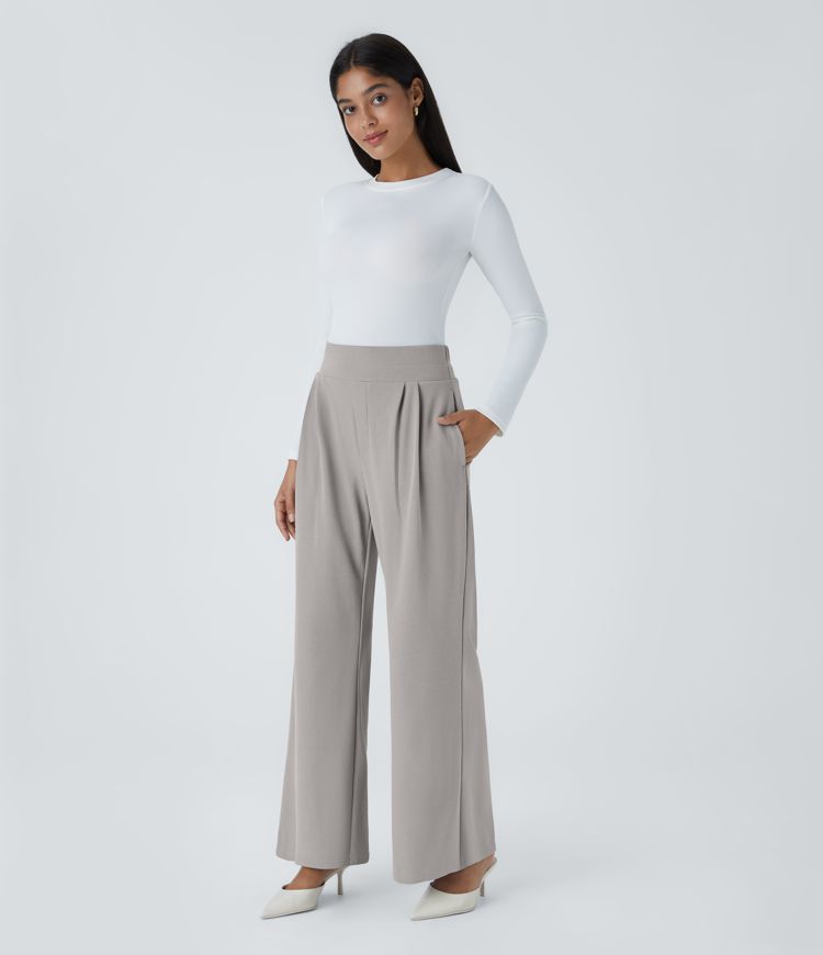 Halara Flex™ Pantalon Tailleur en Tissu Gaufré Taille Haute avec Large Ceinture Plis Poches Latérales Jambes Larges