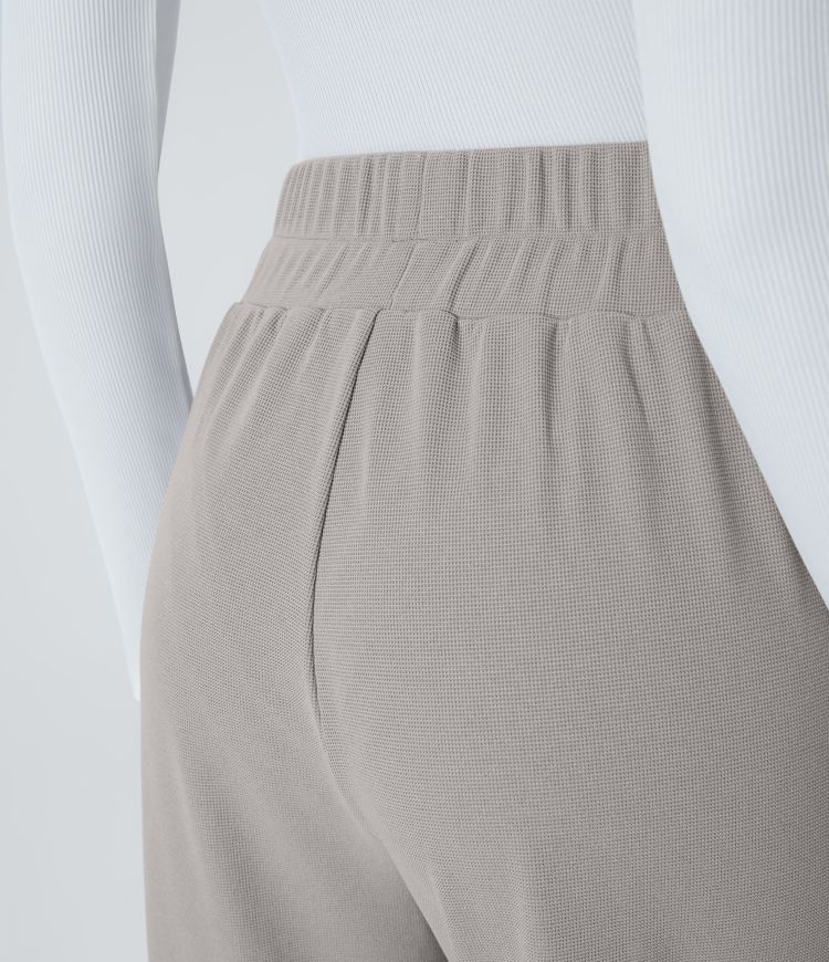 Halara Flex™ Pantalon Tailleur en Tissu Gaufré Taille Haute avec Large Ceinture Plis Poches Latérales Jambes Larges