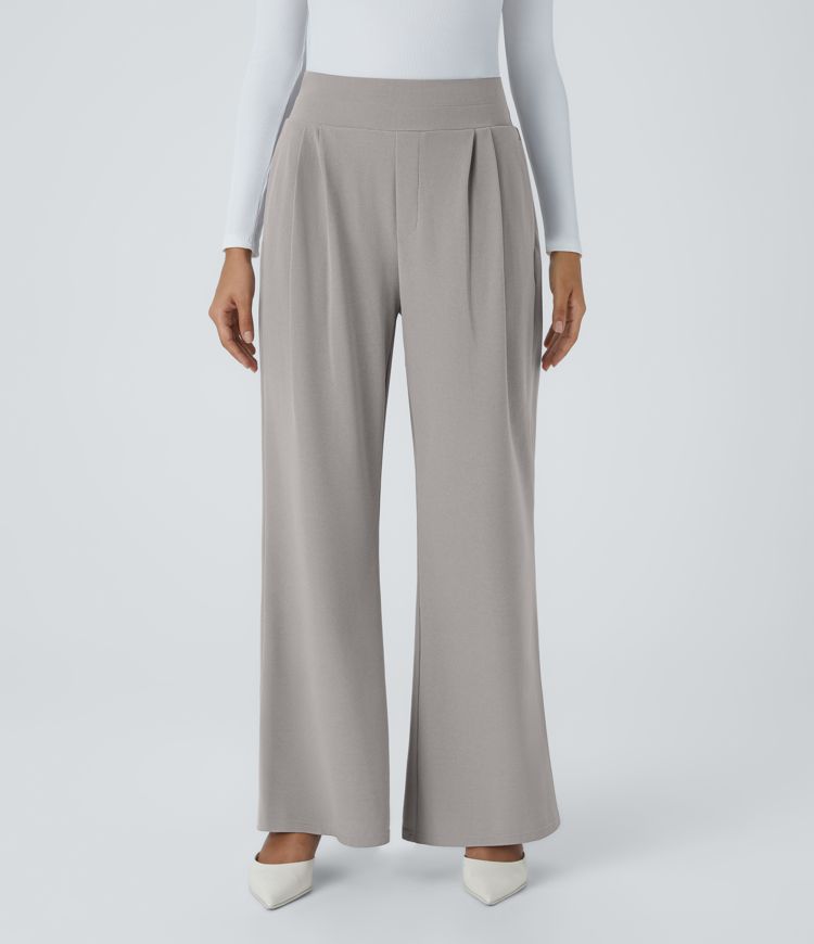 Halara Flex™ Pantalon Tailleur en Tissu Gaufré Taille Haute avec Large Ceinture Plis Poches Latérales Jambes Larges