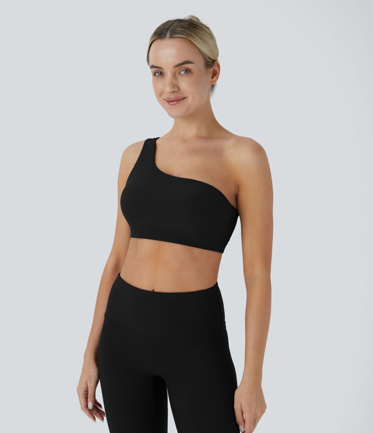 Brassière de sport de yoga côtelée, asymétrique et dos nu