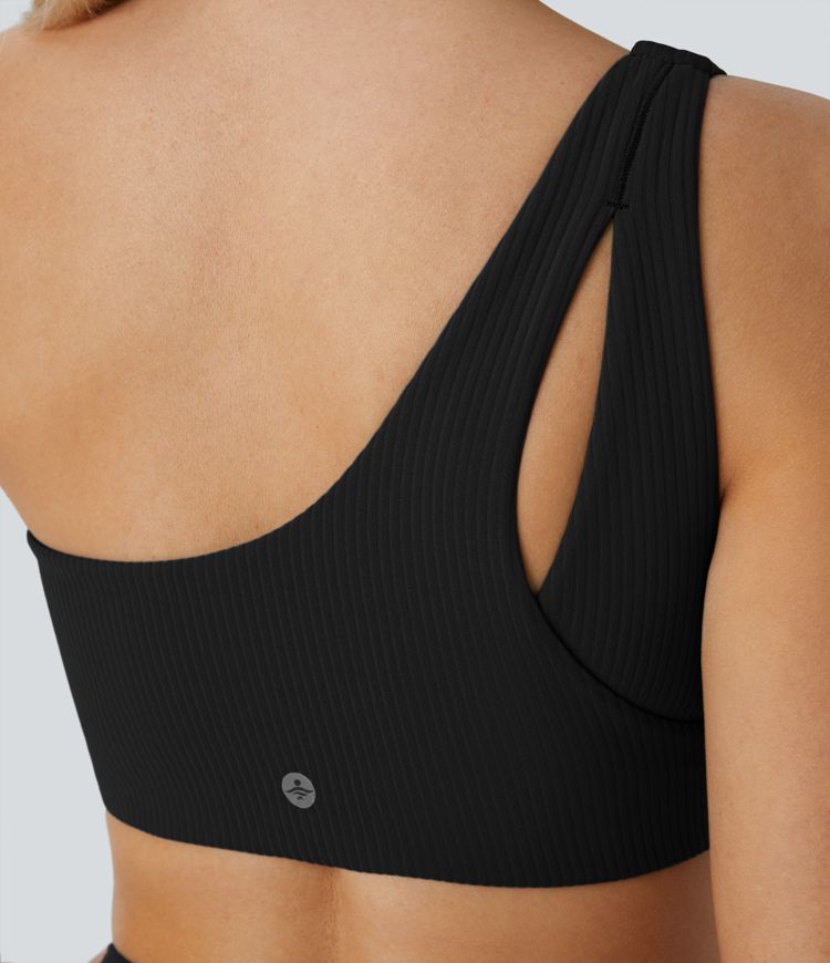 Brassière de sport de yoga côtelée, asymétrique et dos nu