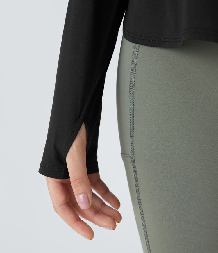 Round Neck Raglan Sleeve Thumb Hole Curved Split Hem Hiking Sports Top