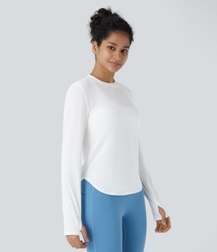Round Neck Thumb Hole Curved Hem Hiking Sports Top