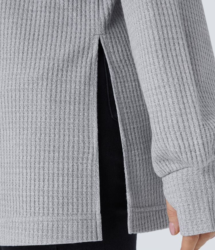 Cowl Neck Drawstring Thumb Hole Split Knit Waffle Casual Sweatshirt