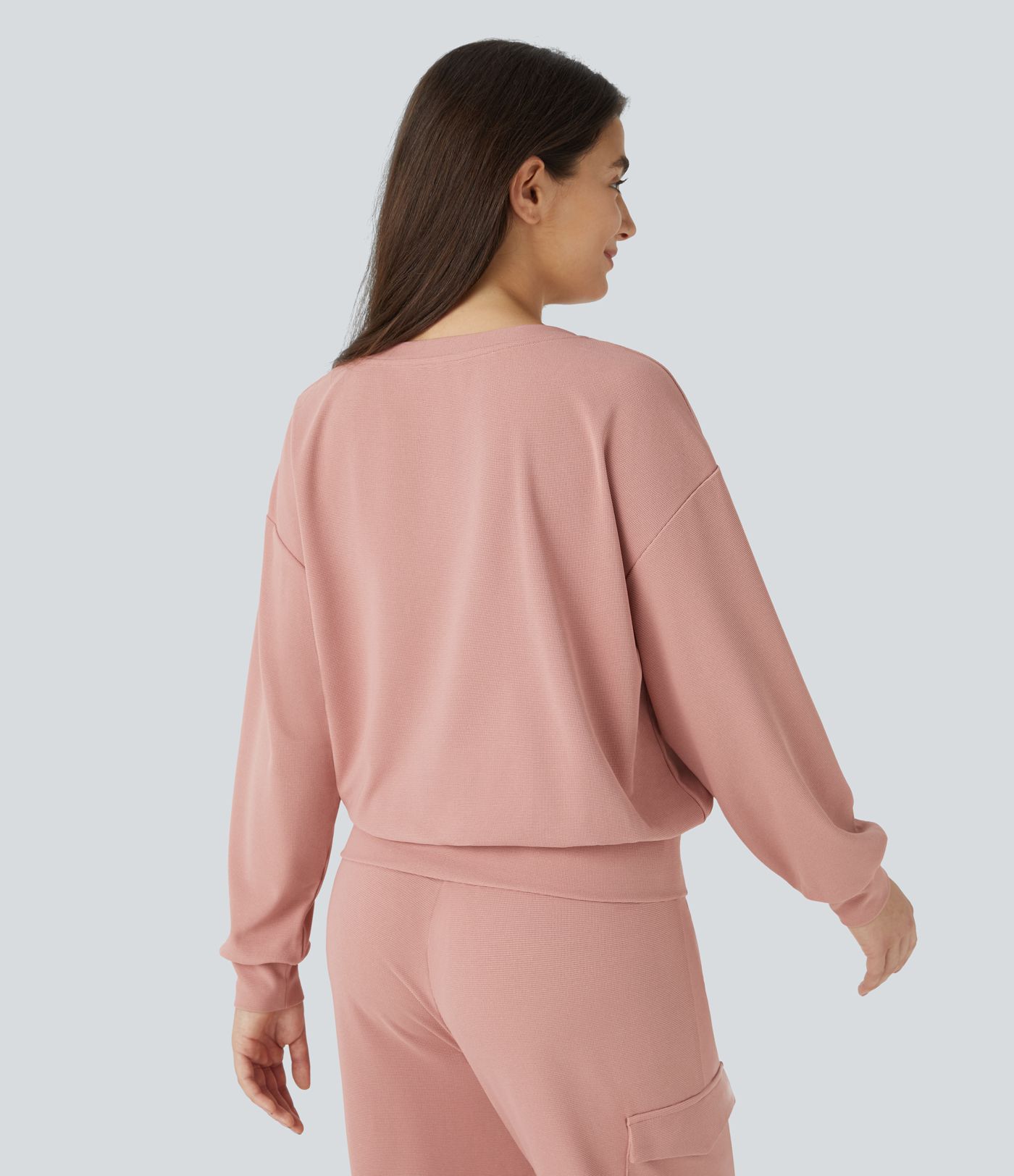 V Neck Dropped Shoulder Long Sleeve Waffle Casual Sweatshirt