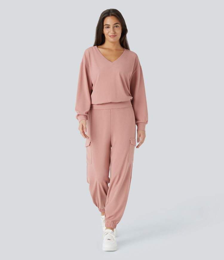 Sudadera gofre cuello V hombro caído manga larga