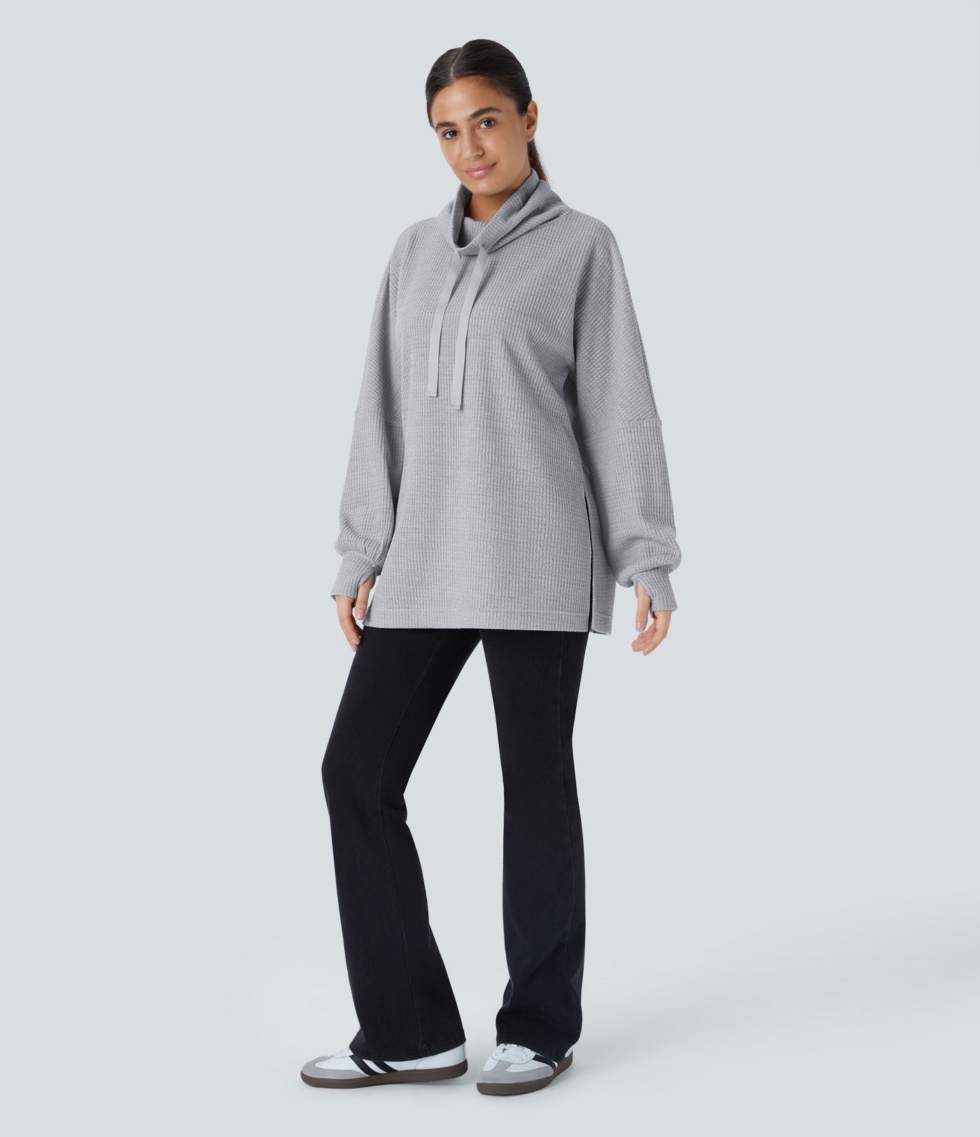 Rollkragen Kordelzug Daumenloch Strick Waffel Lässiges Sweatshirt