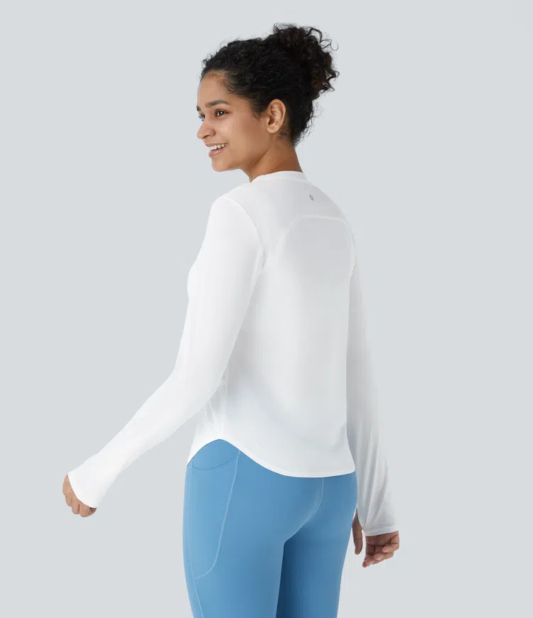 Round Neck Thumb Hole Curved Hem Hiking Sports Top