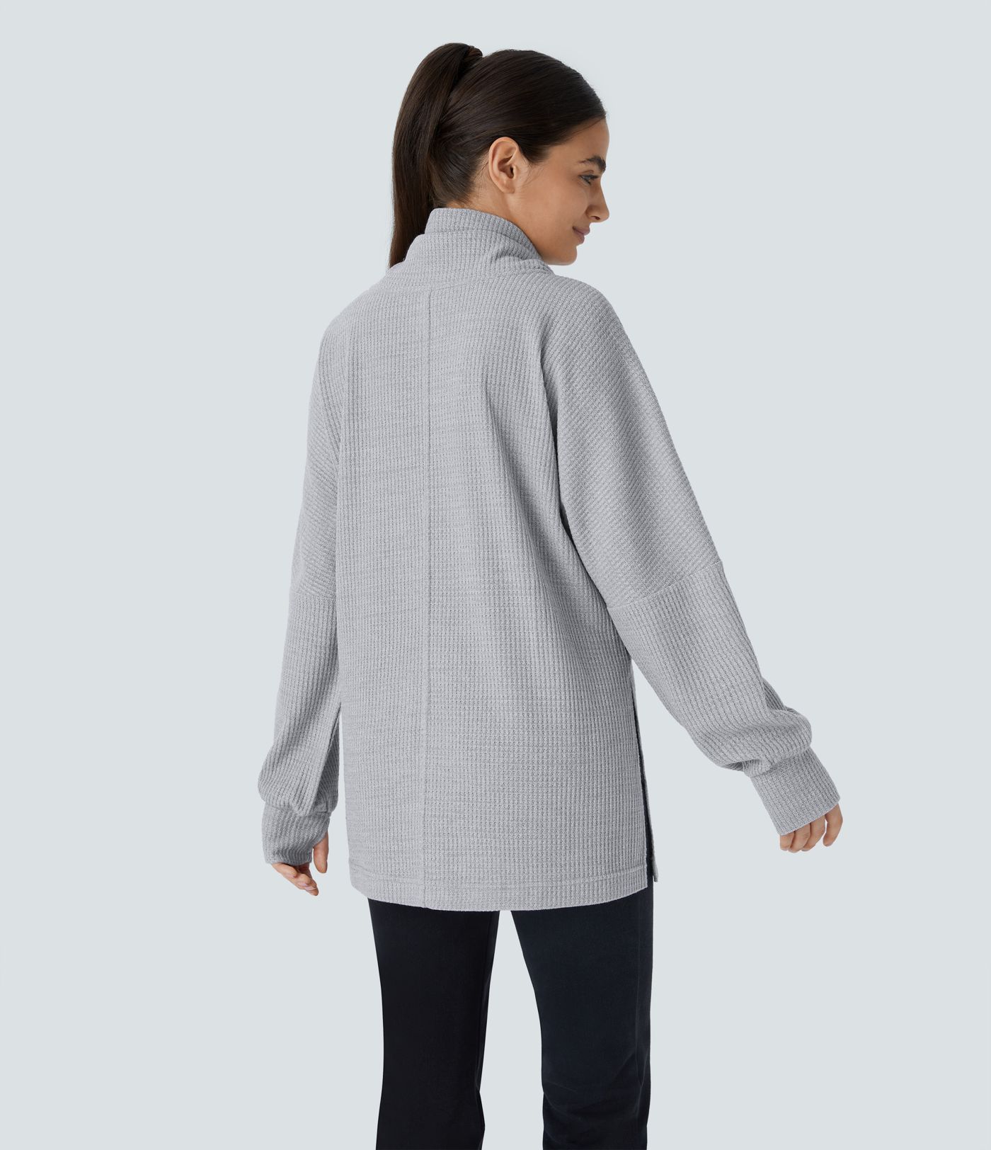 Lässiges Sweatshirt mit Wasserfallausschnitt, Kordelzug, Daumenloch, geteiltem Waffelstrick