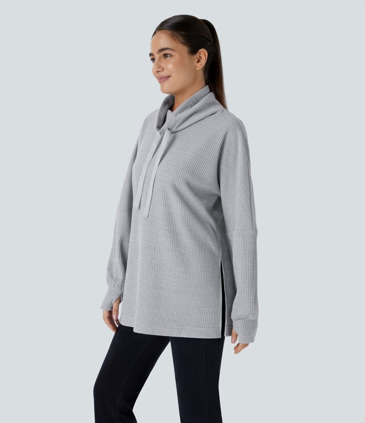 Cowl Neck Drawstring Thumb Hole Split Knit Waffle Casual Sweatshirt