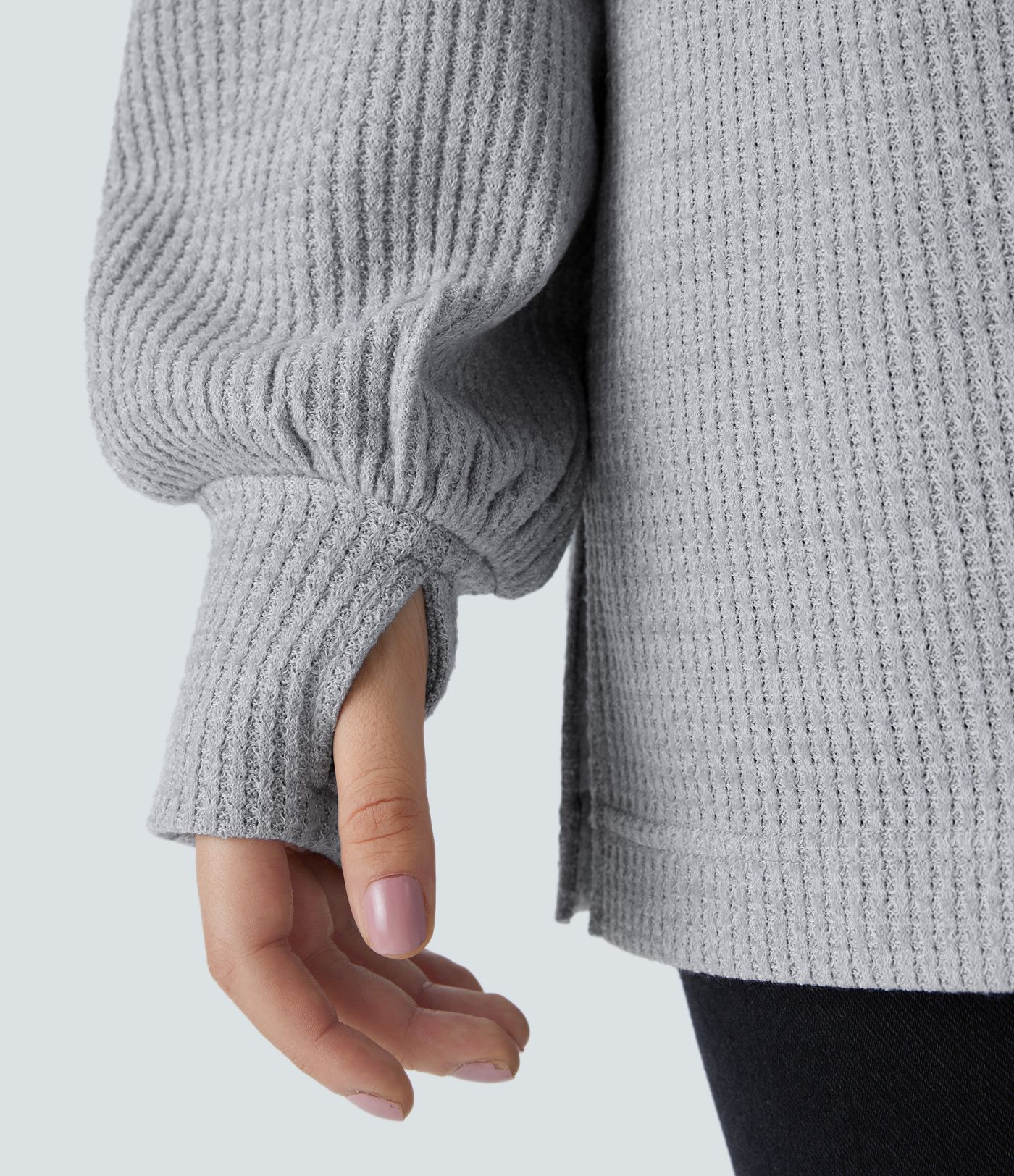 Lässiges Sweatshirt mit Wasserfallausschnitt, Kordelzug, Daumenloch, geteiltem Waffelstrick