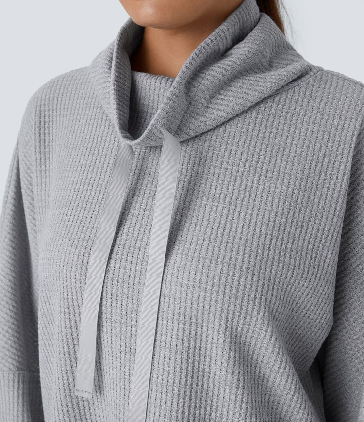 Cowl Neck Drawstring Thumb Hole Split Knit Waffle Casual Sweatshirt
