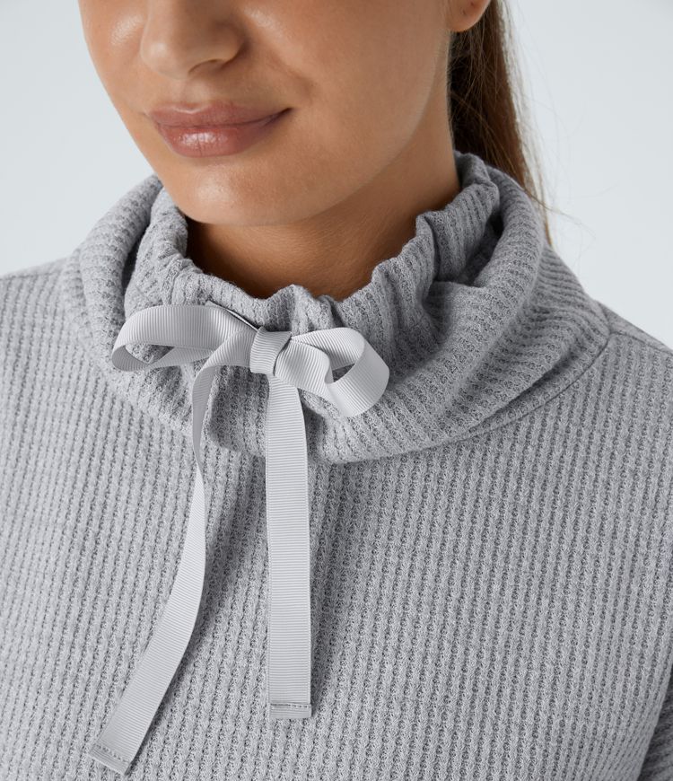 Cowl Neck Drawstring Thumb Hole Split Knit Waffle Casual Sweatshirt