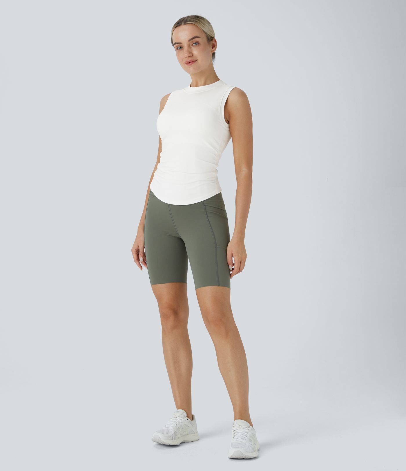 Softlyzero™ Stand Collar Ruche Curved Hem Skinny Yoga Tank Top - UPF50+