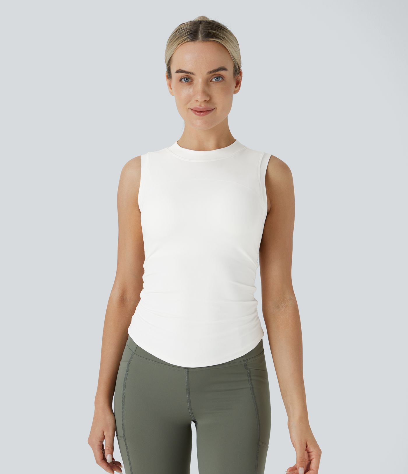 Softlyzero™ Stand Collar Ruche Curved Hem Skinny Yoga Tank Top - UPF50+