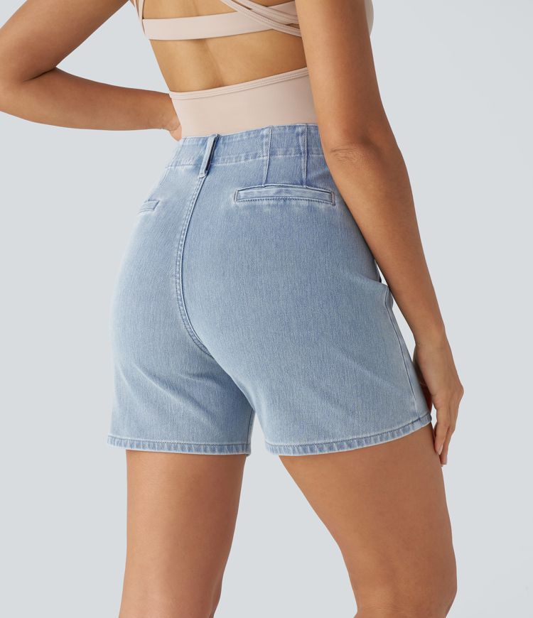 Pantalón corto Halara Flex™ Denim elástico lavado bolsillo delantero botón decorativo trio alto