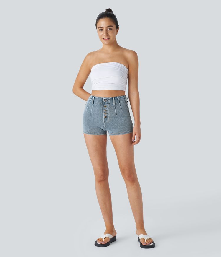 Halara Flex™ Short 5cmCasual Taille Haute en Denim Tricoté Stretch avec Boutons Décoratifs et Poches Arrière