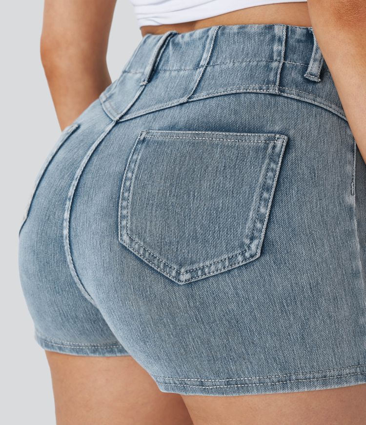 Halara Flex™ Short 5cmCasual Taille Haute en Denim Tricoté Stretch avec Boutons Décoratifs et Poches Arrière