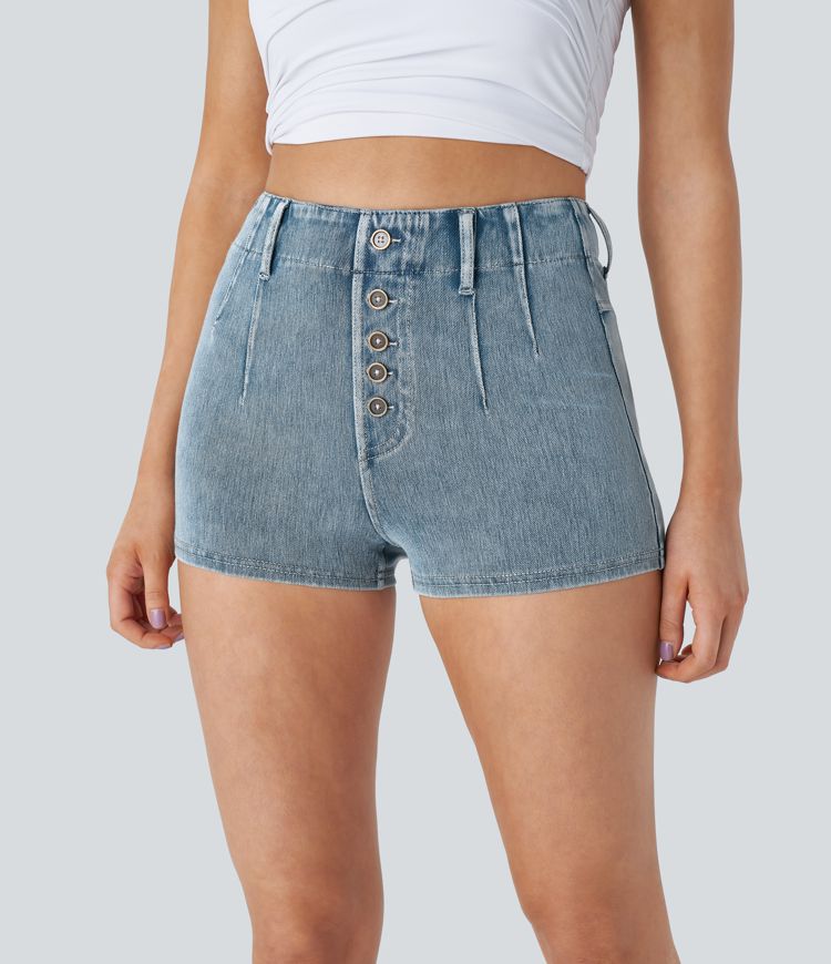 Halara Flex™ Short 5cmCasual Taille Haute en Denim Tricoté Stretch avec Boutons Décoratifs et Poches Arrière