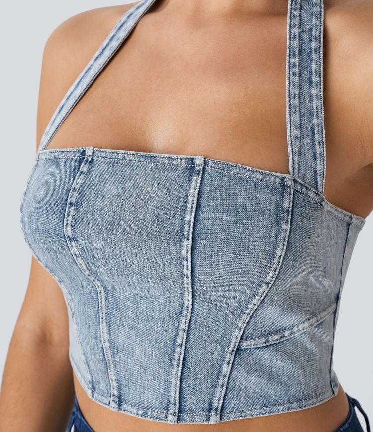 Halara Flex™ Halter Backless Stretch Knit Denim Cropped Casual Tank Top