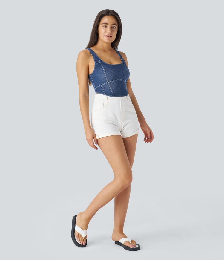 Halara Flex™ U-Neck Backless Corset Curved Hem Stretch Knit Denim Cropped Casual Tank Top