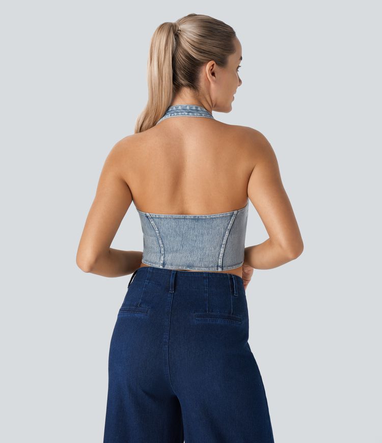 Halara Flex™ Halter Backless Stretch Knit Denim Cropped Casual Tank Top