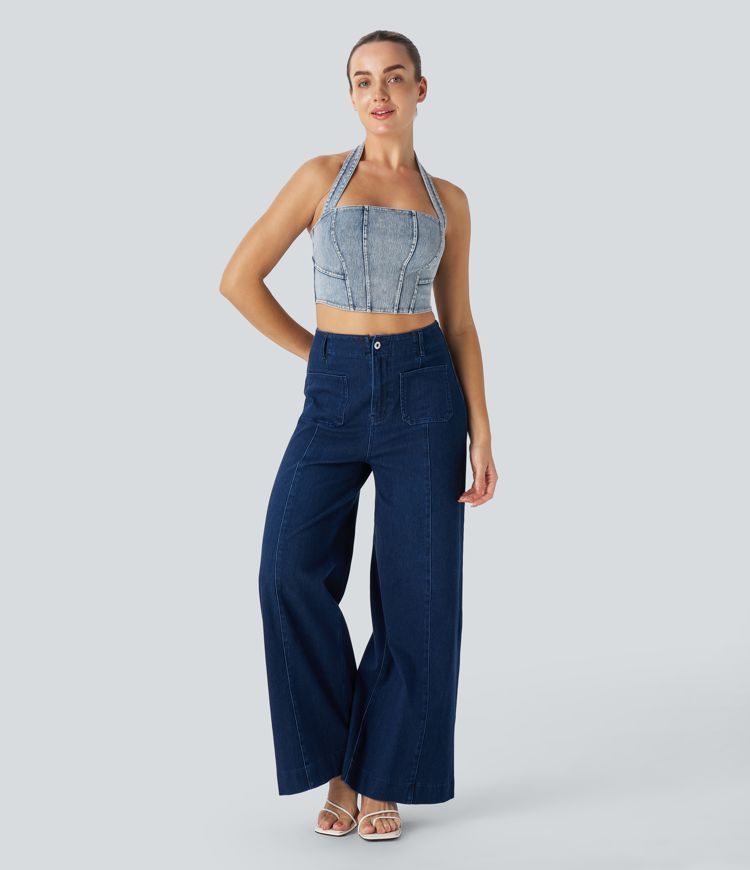 Halara Flex™ Halter Backless Stretch Knit Denim Cropped Casual Tank Top