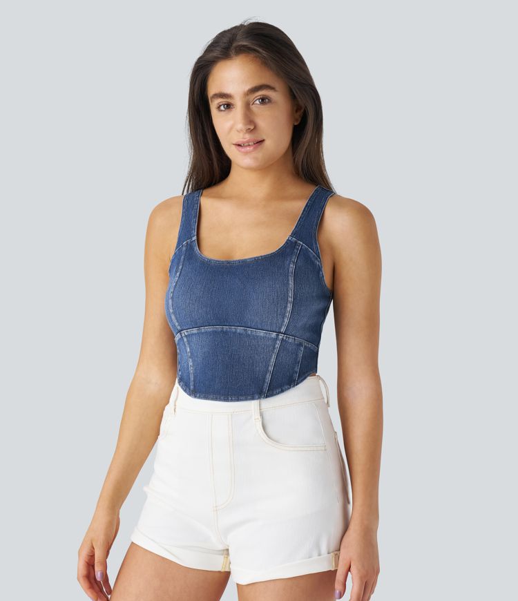 Halara Flex™ U-Neck Backless Corset Curved Hem Stretch Knit Denim Cropped Casual Tank Top