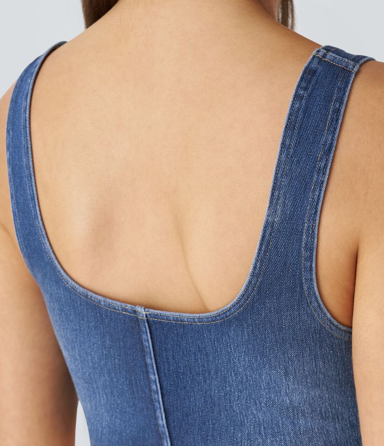 Halara Flex™ U-Neck Backless Corset Curved Hem Stretch Knit Denim Cropped Casual Tank Top
