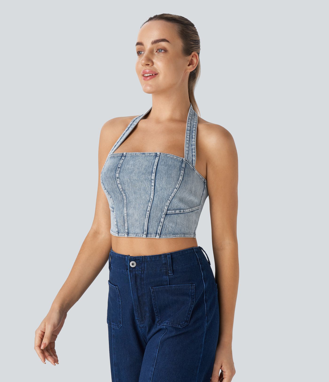 Halara Flex™ Halter Backless Stretch Knit Denim Cropped Casual Tank Top