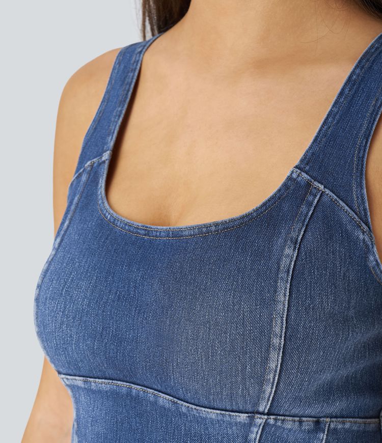 Halara Flex™ U-Neck Backless Corset Curved Hem Stretch Knit Denim Cropped Casual Tank Top