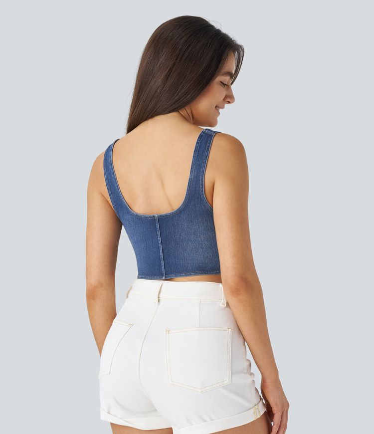 Halara Flex™ U-Neck Backless Corset Curved Hem Stretch Knit Denim Cropped Casual Tank Top
