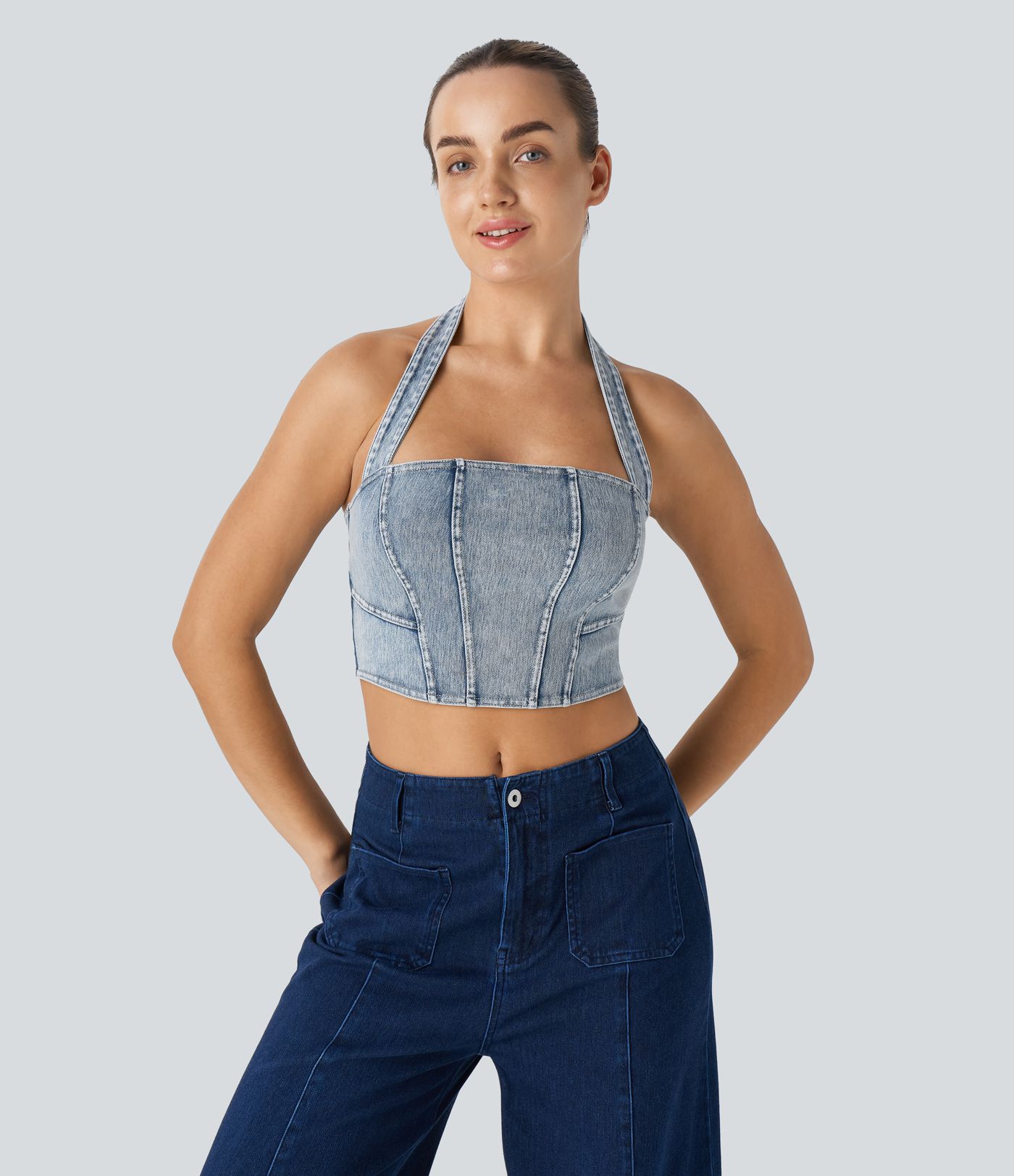 Halara Flex™ Halter Backless Stretch Knit Denim Cropped Casual Tank Top