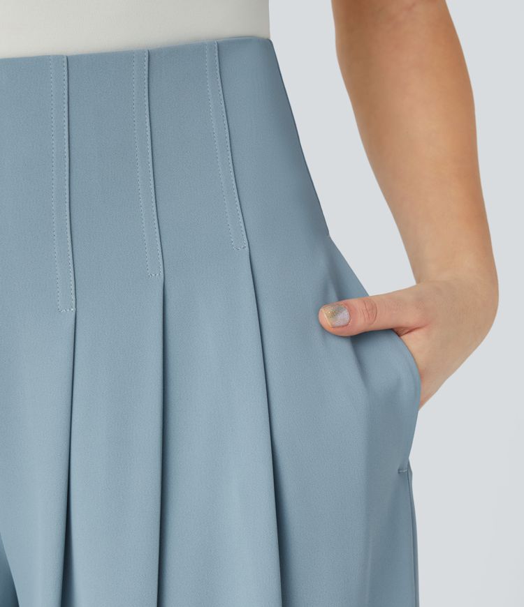 High Waisted Side Pocket Back Zipper Wide Leg Work Trousers