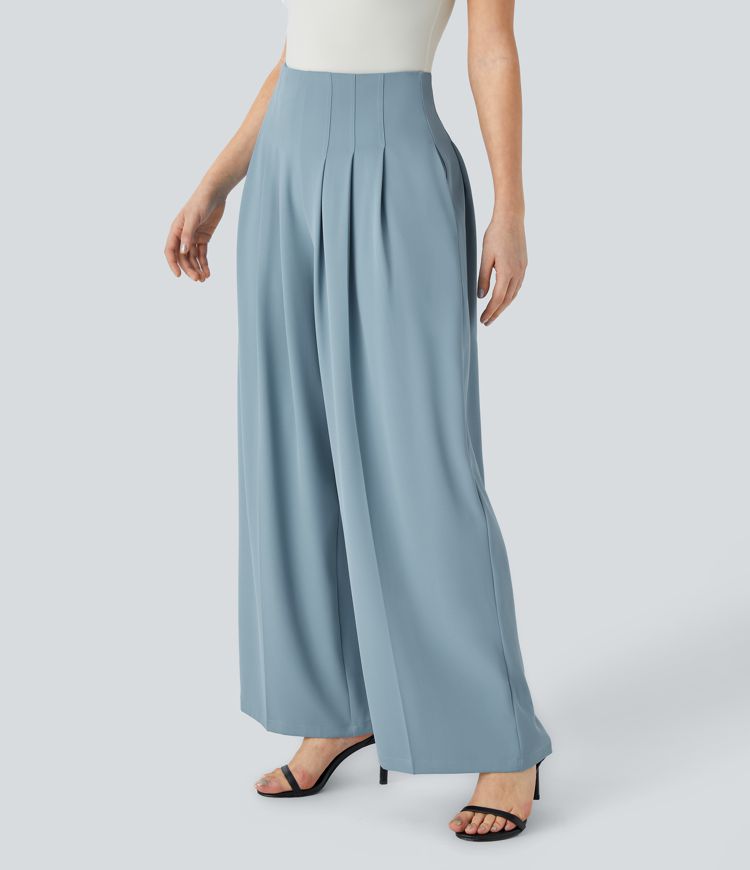 High Waisted Side Pocket Back Zipper Wide Leg Work Trousers