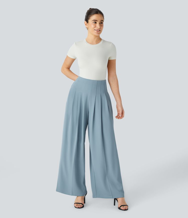 High Waisted Side Pocket Back Zipper Wide Leg Work Trousers