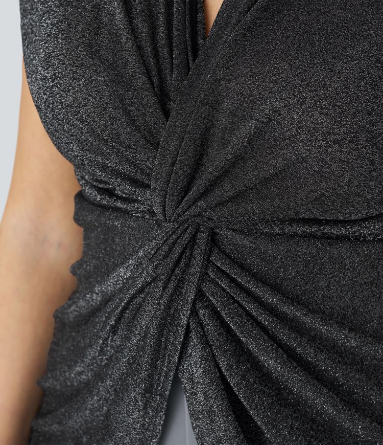 Blusa oficina purpurina metálica retorcida manga japonesa cuello