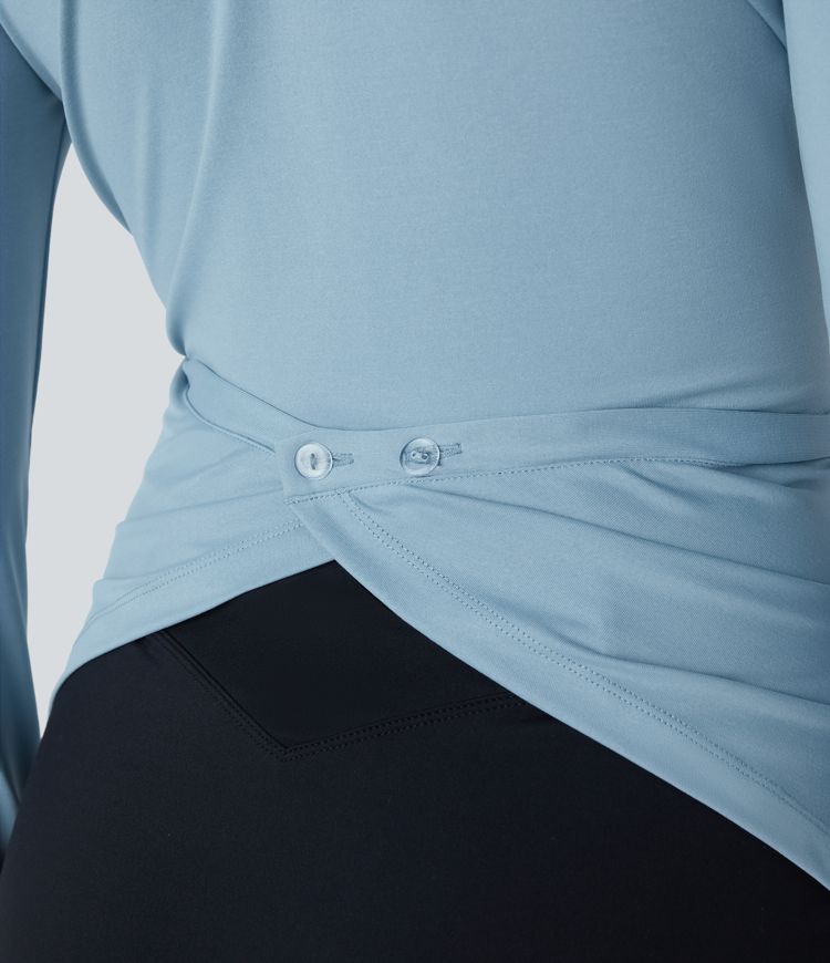 Top oficina botón ajustable dobladillo cruzado manga larga