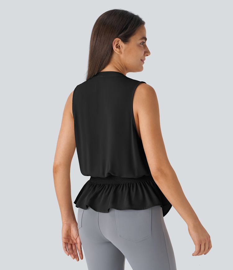 V Neck Sleeveless Wrapped Tie Front Shirred Work Blouse