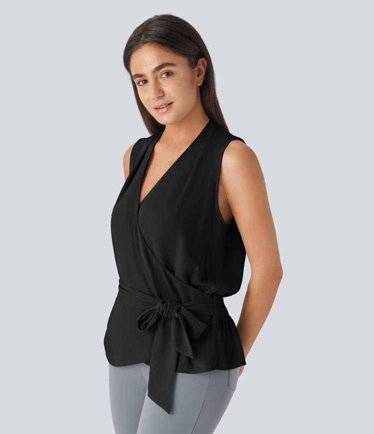 V Neck Sleeveless Wrapped Tie Front Shirred Work Blouse