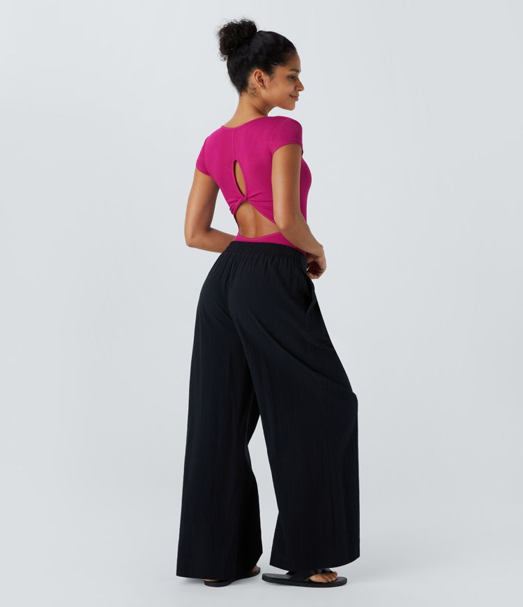 Body traje acanalado cuello V manga corta abertura espalda torcida