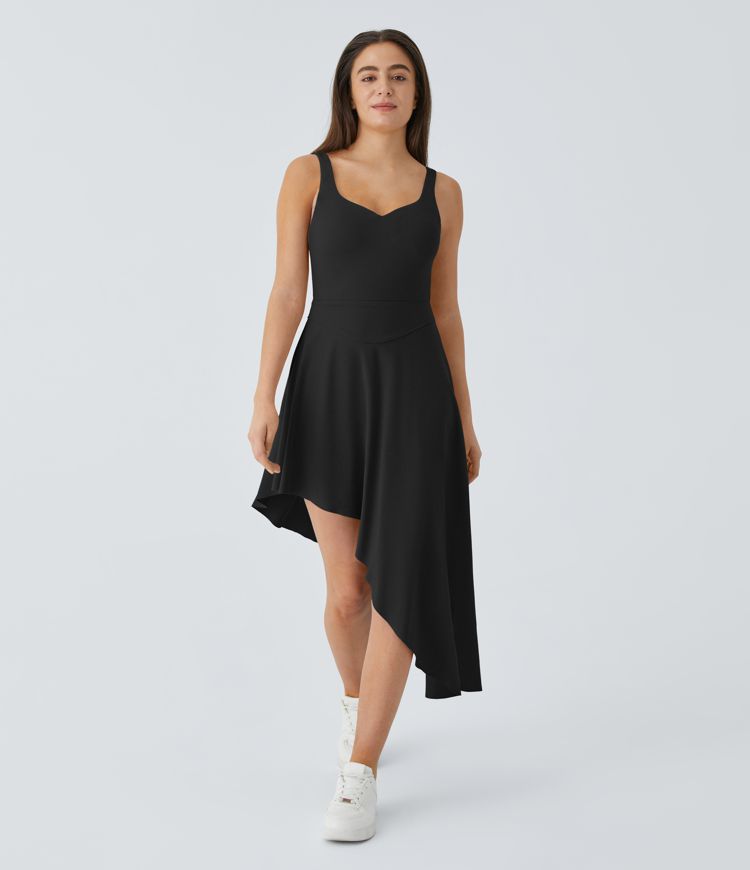 Backless Tie Back 2-in-1 Side Pocket Asymmetric Hem Midi Casual Tank Dress