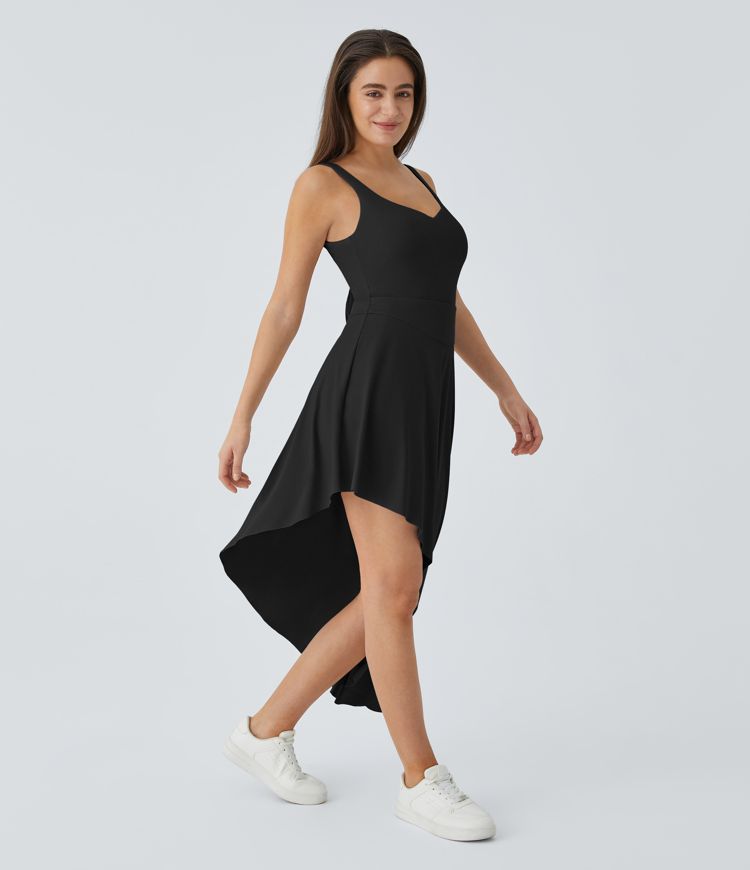 Backless Tie Back 2-in-1 Side Pocket Asymmetric Hem Midi Casual Tank Dress