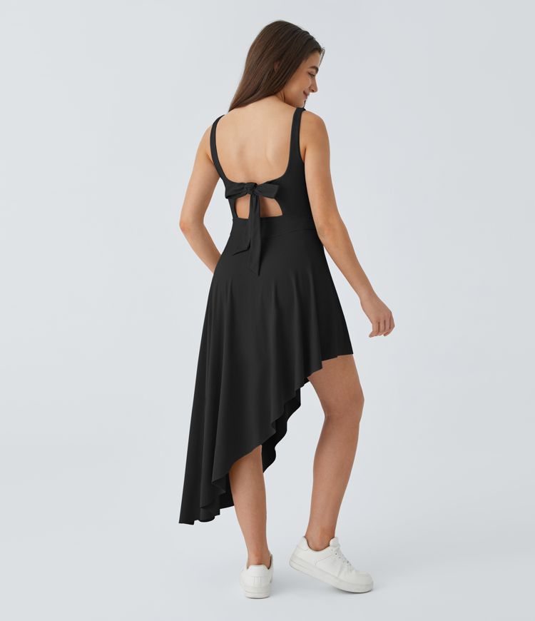 Tie Back 2-in-1 Pocket Asymmetric Hem Midi Casual Tank Dress