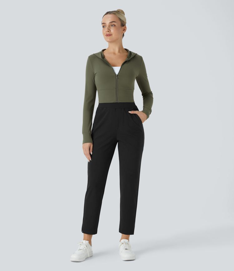 Pantalón oficina ajustado tobillo dobladillo dividido múltiple bolsillo tiro alto