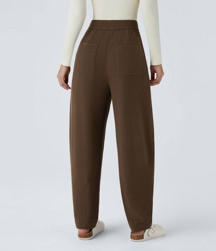 High Waisted Pocket Barrel Leg Waffle Casual Pants