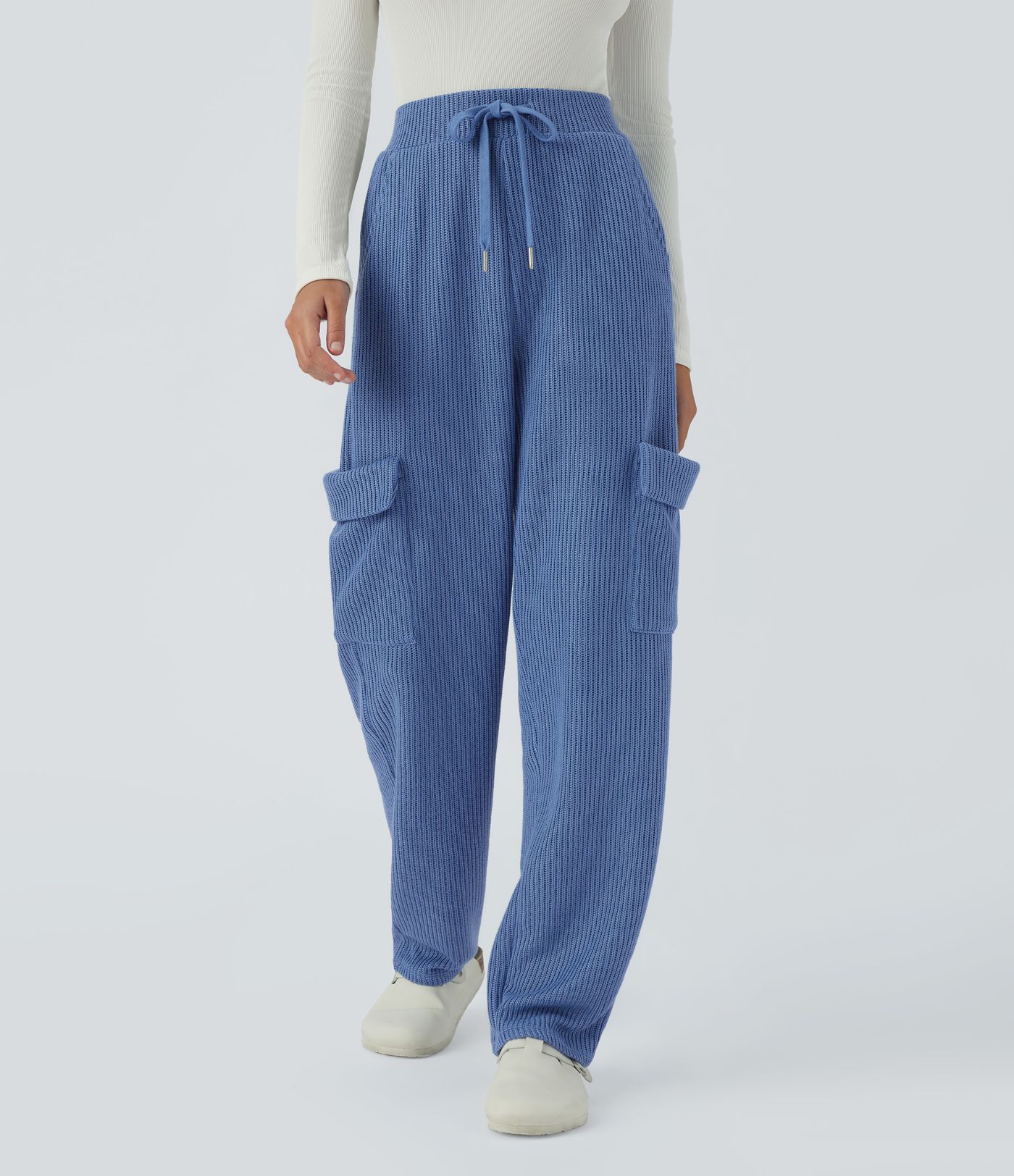 Lässige Strickhose mit hohem Bund, Kordelzug und mehreren Taschen