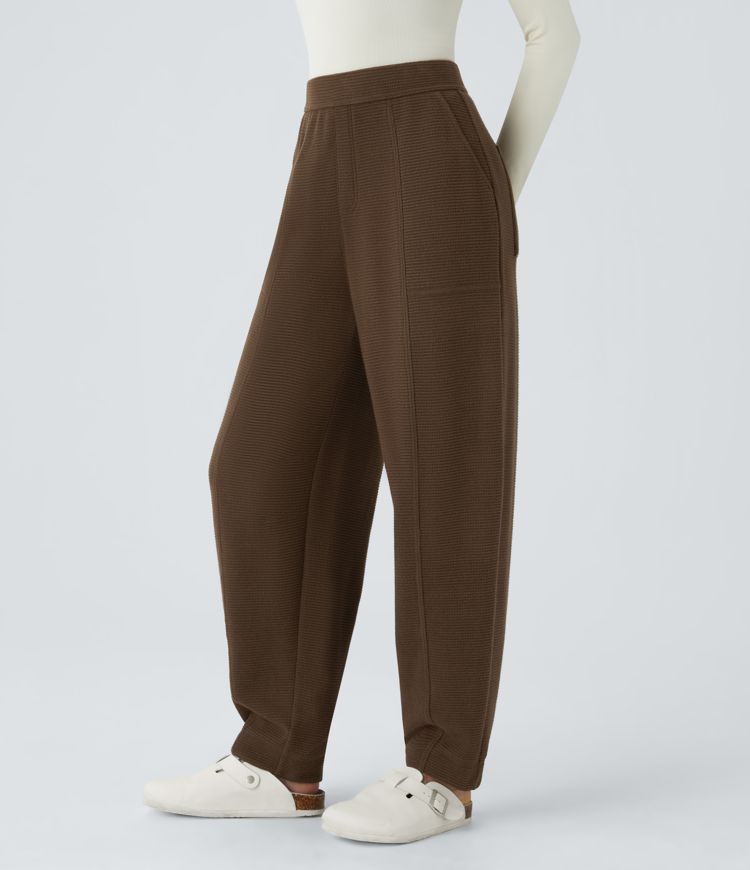 High Waisted Pocket Barrel Leg Waffle Casual Pants