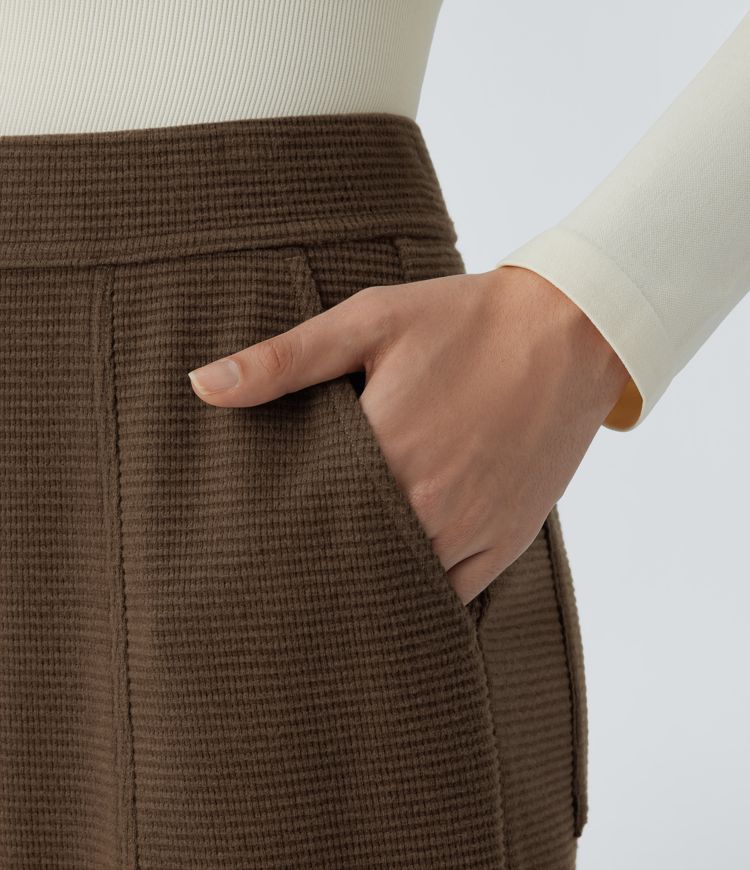 High Waisted Pocket Barrel Leg Waffle Casual Pants