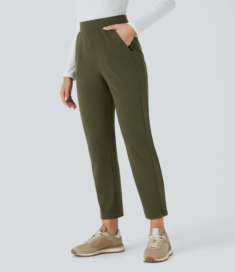 High-waist multi-pocket split hem ankle-length workwear tapered pants